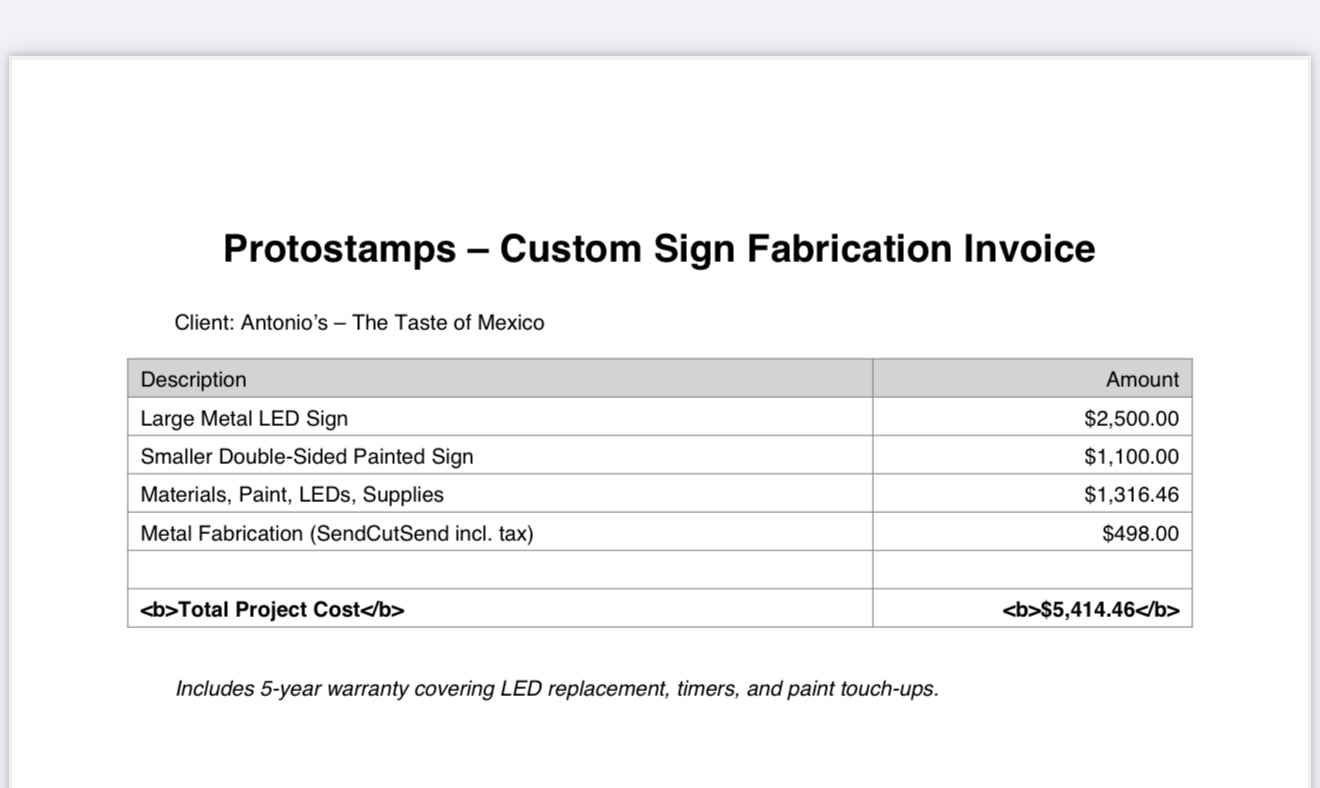 50 percent deposit Antonio’s Metal and LED Signs