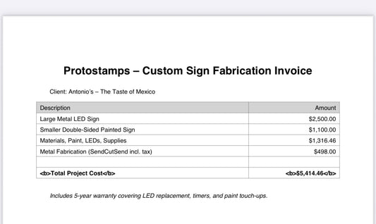 50 percent deposit Antonio’s Metal and LED Signs